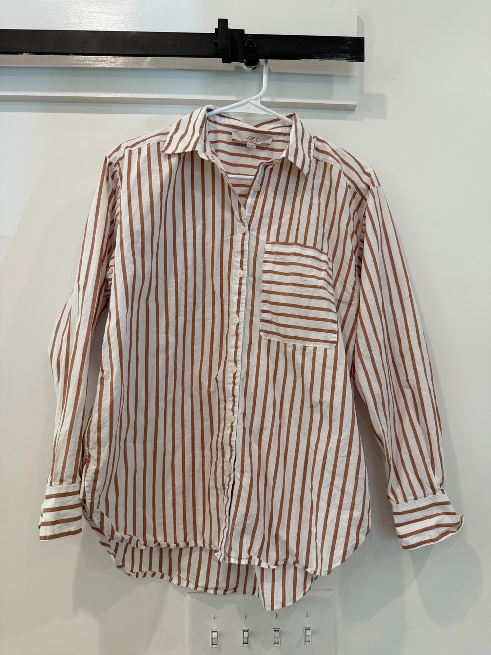 LOFT White and Brown Striped Casual Button-Down Shirt